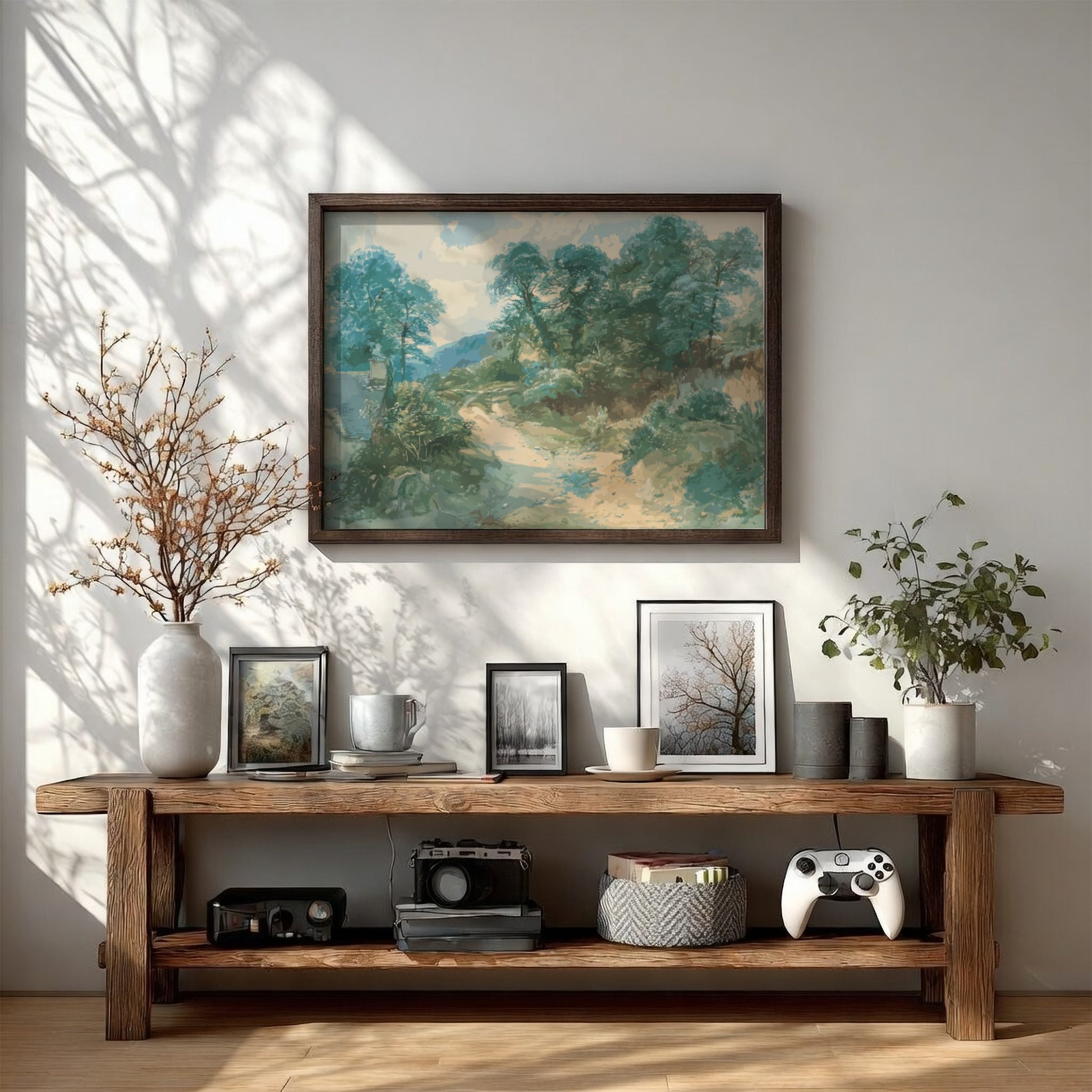 A Country Lane art print by John Middleton, featuring a serene landscape drawing with trees and a winding