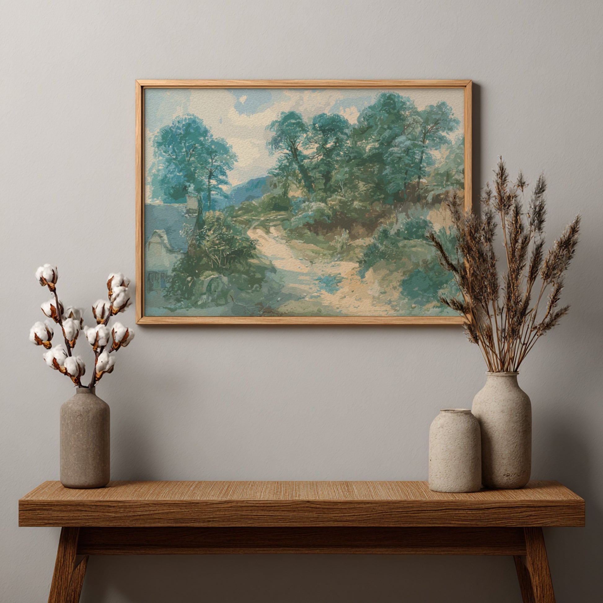 A Country Lane art print by John Middleton, featuring a serene landscape drawing with trees and a winding
