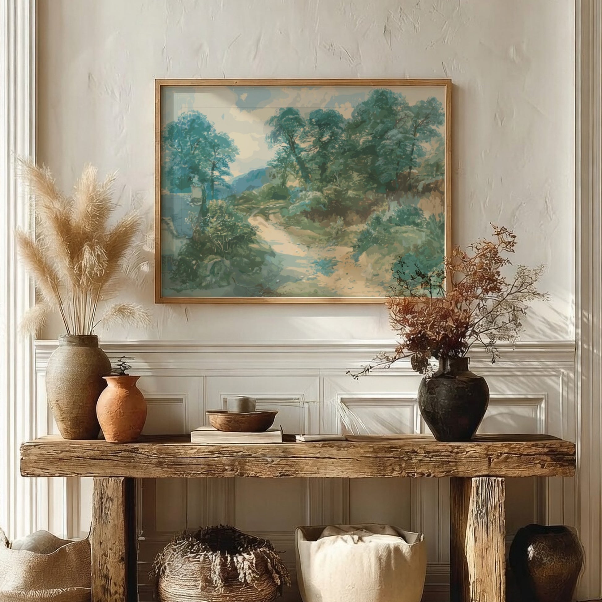 A Country Lane art print by John Middleton, featuring a serene landscape drawing with trees and a winding