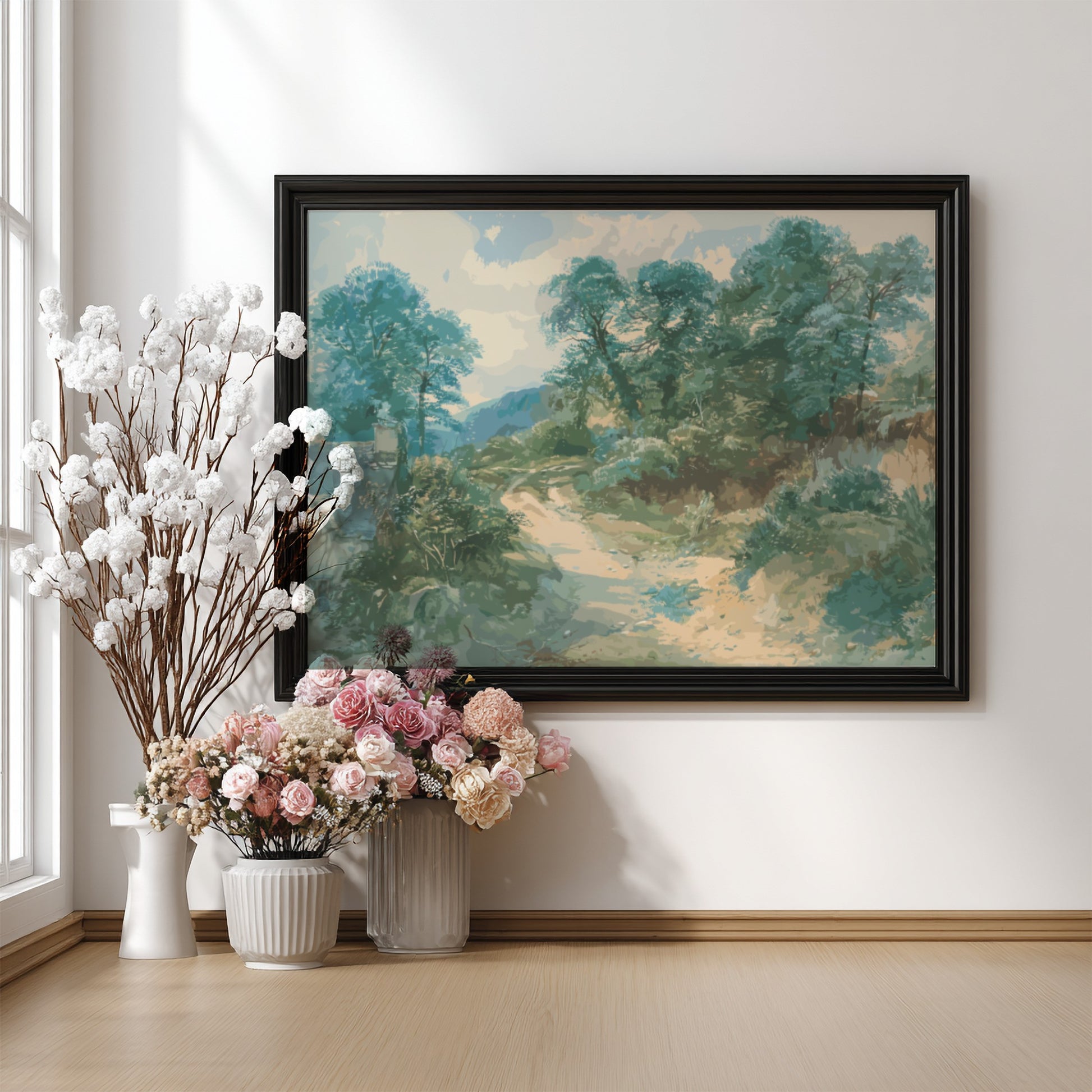 A Country Lane art print by John Middleton, featuring a serene landscape drawing with trees and a winding