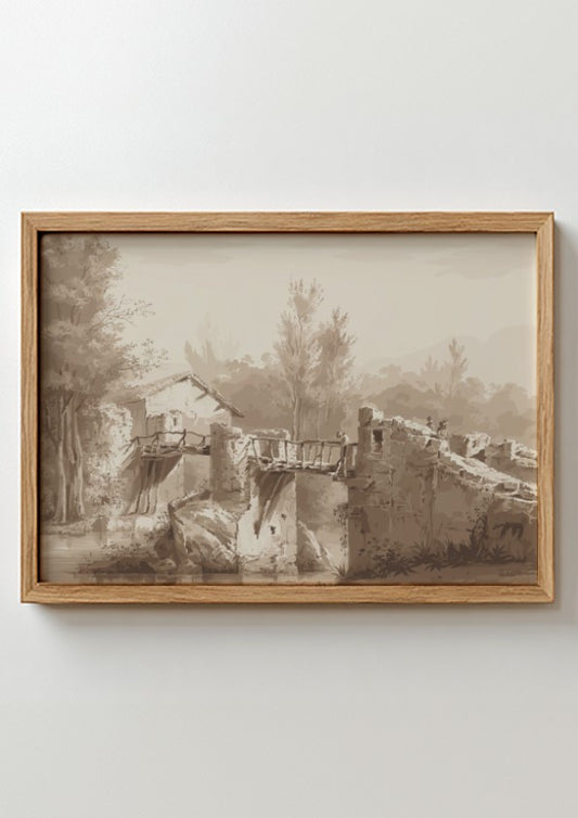 Sepia tone drawing of an ancient stone bridge and a small building by Jean-Jacques de Boissieu.