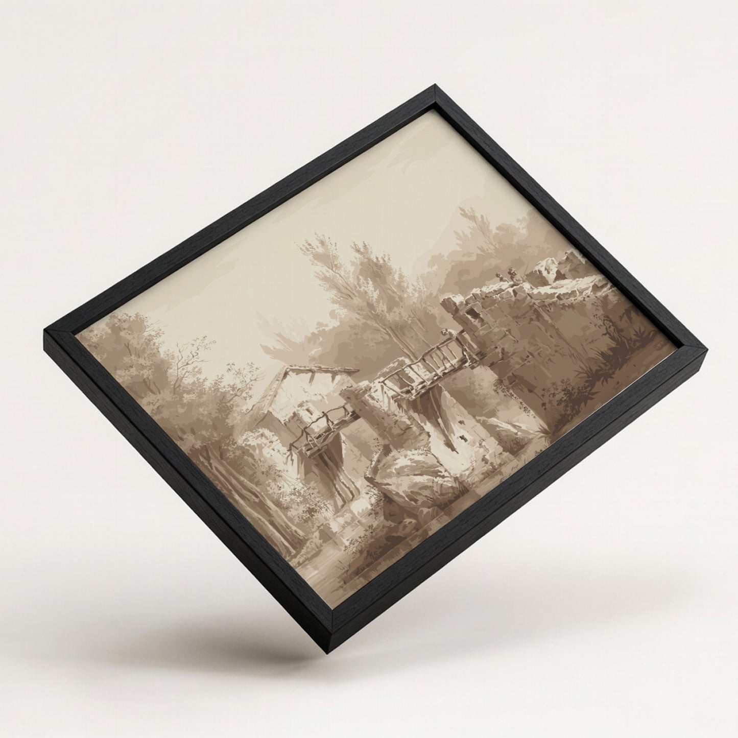 Sepia tone drawing of an ancient stone bridge and a small building by Jean-Jacques de Boissieu.
