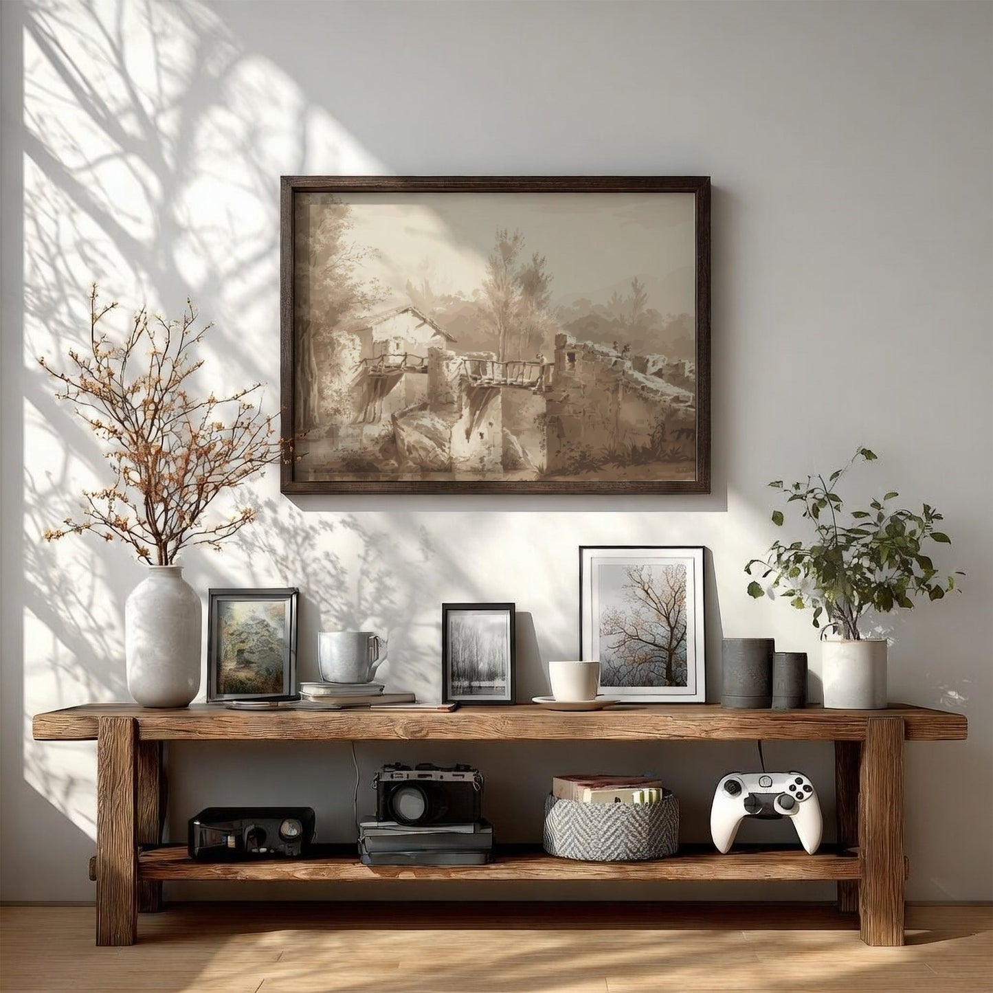 Sepia tone drawing of an ancient stone bridge and a small building by Jean-Jacques de Boissieu.