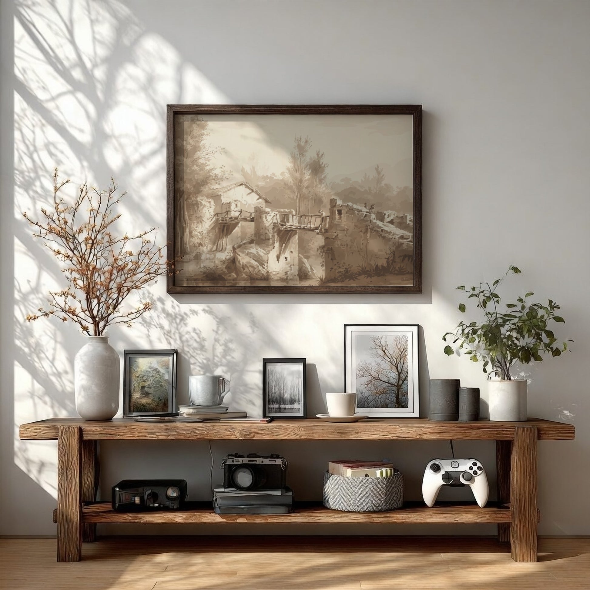 Sepia tone drawing of an ancient stone bridge and a small building by Jean-Jacques de Boissieu.