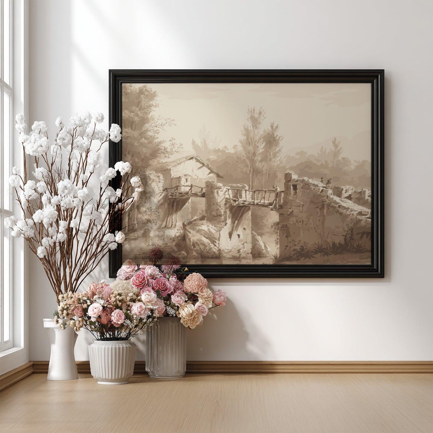 Sepia tone drawing of an ancient stone bridge and a small building by Jean-Jacques de Boissieu.