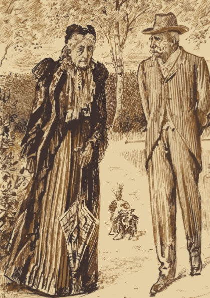 Vintage poster of a couple strolling in a park, rendered in sepia tones with detailed linework.