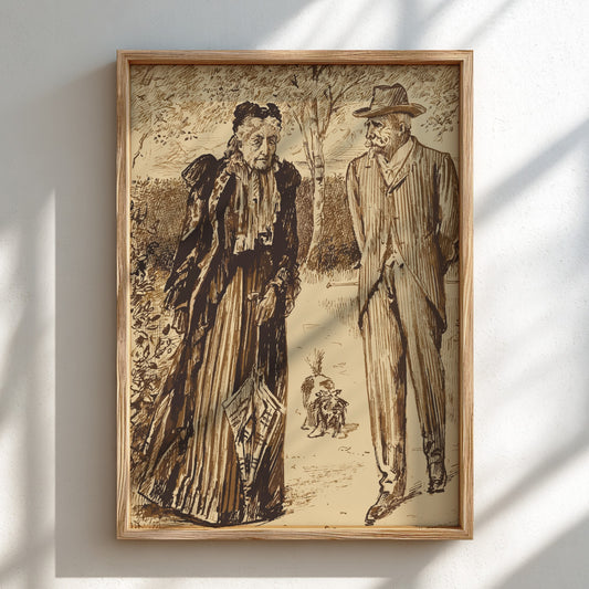 Vintage poster of a couple strolling in a park, rendered in sepia tones with detailed linework.