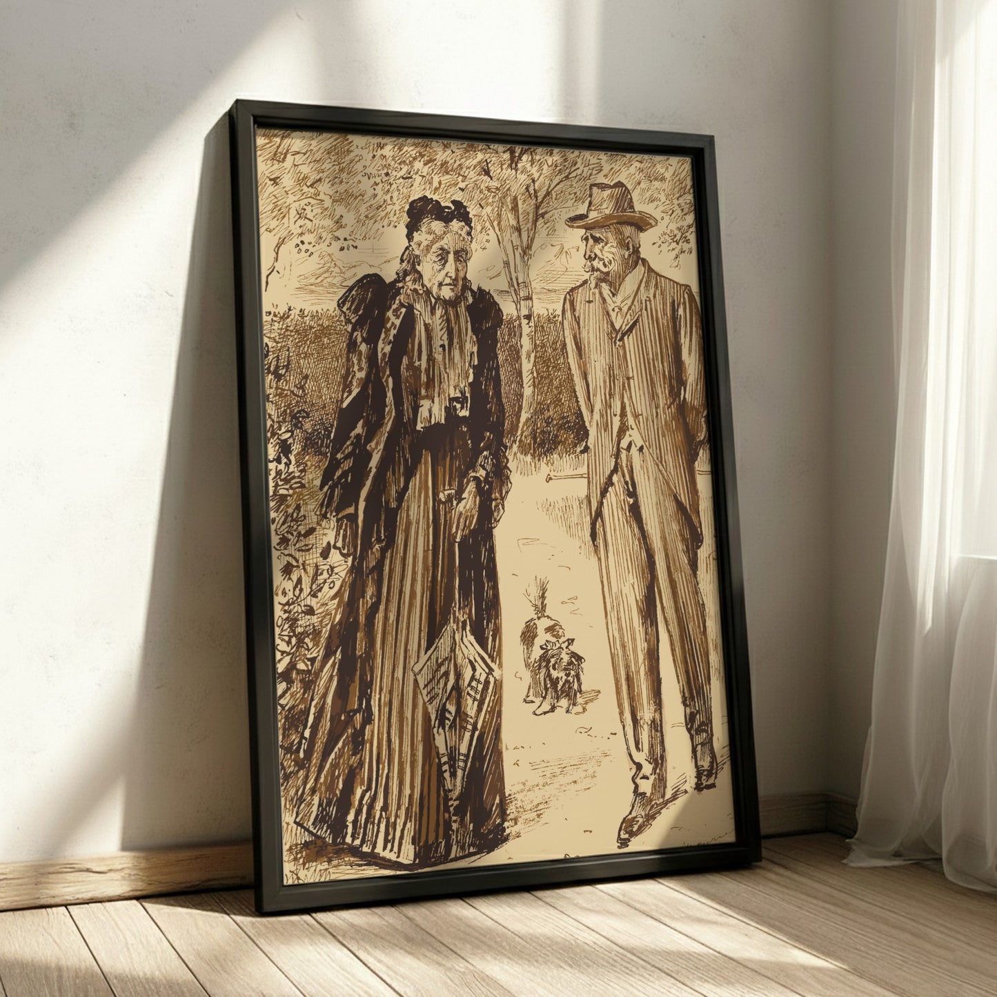 Vintage poster of a couple strolling in a park, rendered in sepia tones with detailed linework.