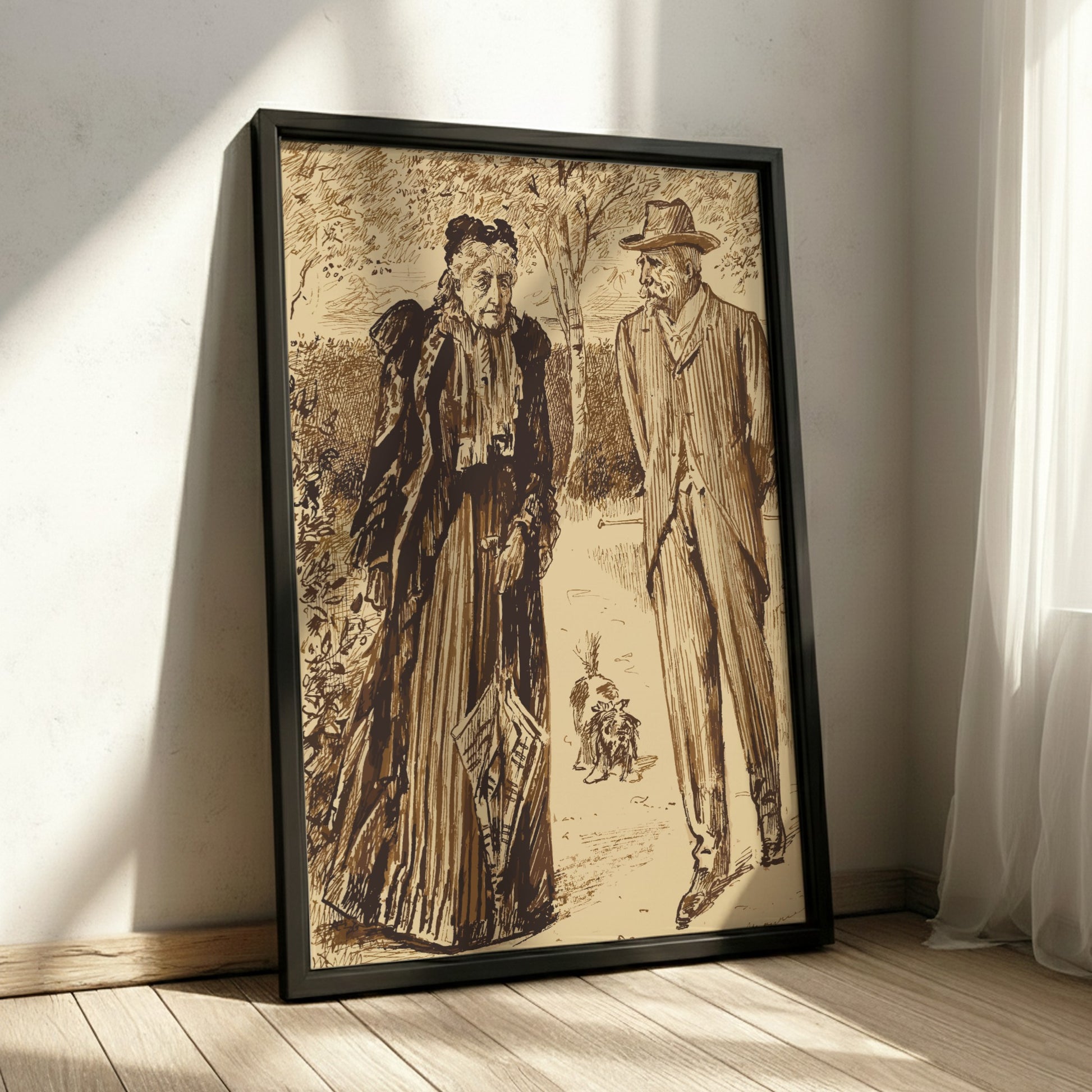 Vintage poster of a couple strolling in a park, rendered in sepia tones with detailed linework.