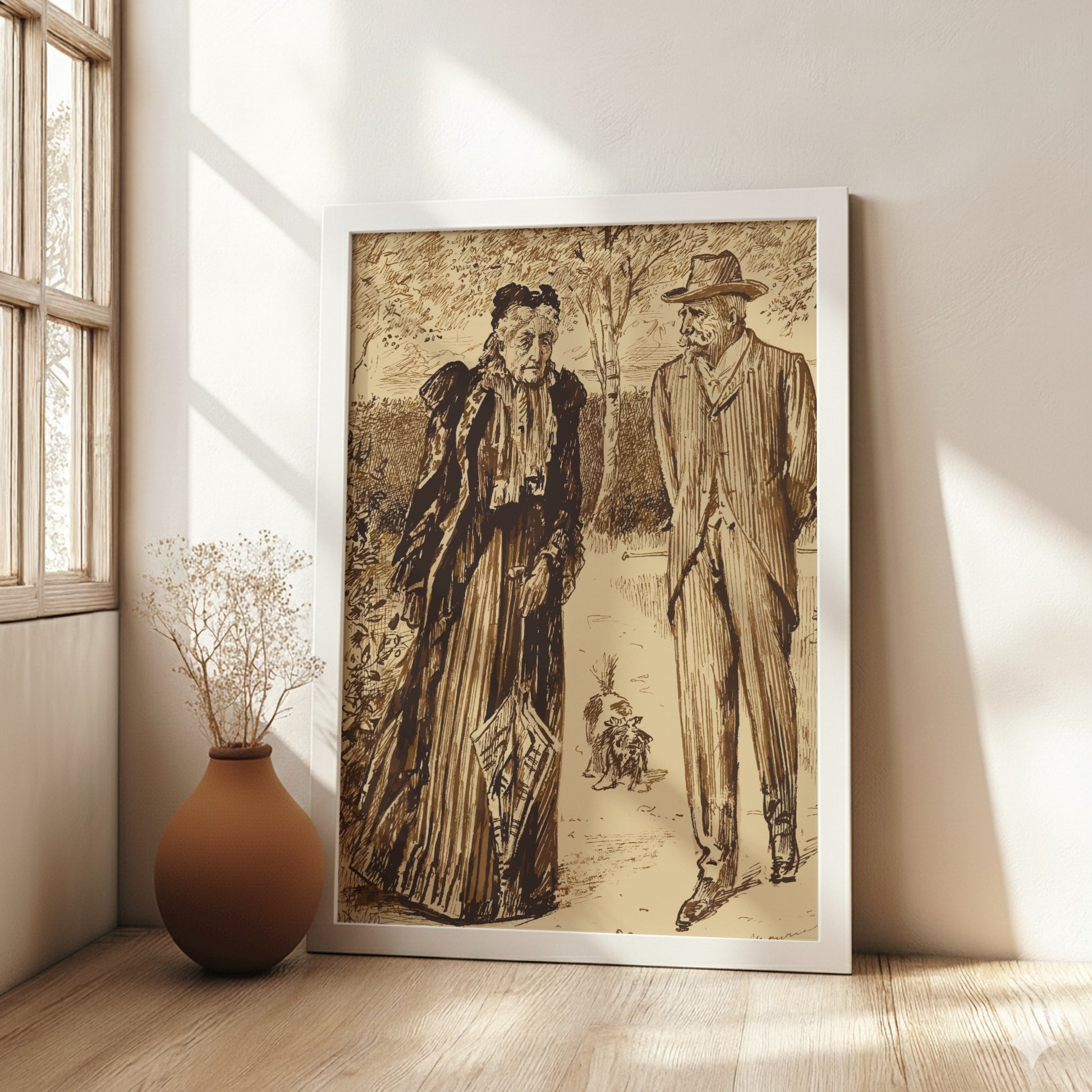 Vintage poster of a couple strolling in a park, rendered in sepia tones with detailed linework.