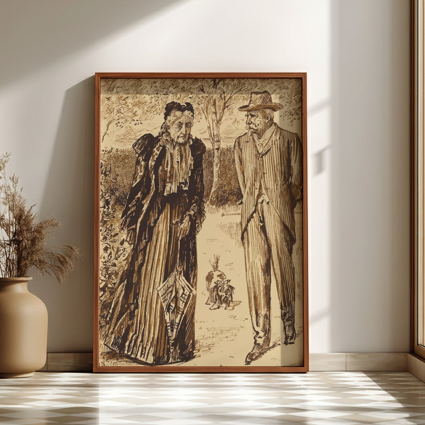 Vintage poster of a couple strolling in a park, rendered in sepia tones with detailed linework.