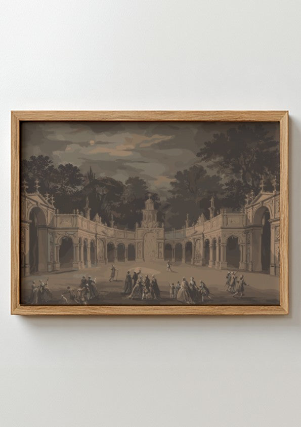Monochrome architectural drawing of a historical scene with figures in a courtyard, framed in wood.