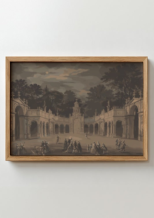 Monochrome architectural drawing of a historical scene with figures in a courtyard, framed in wood.
