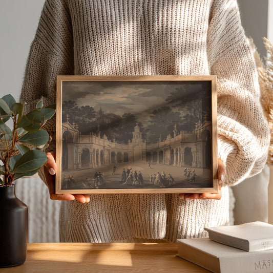 Monochrome architectural drawing of a historical scene with figures in a courtyard, framed in wood.
