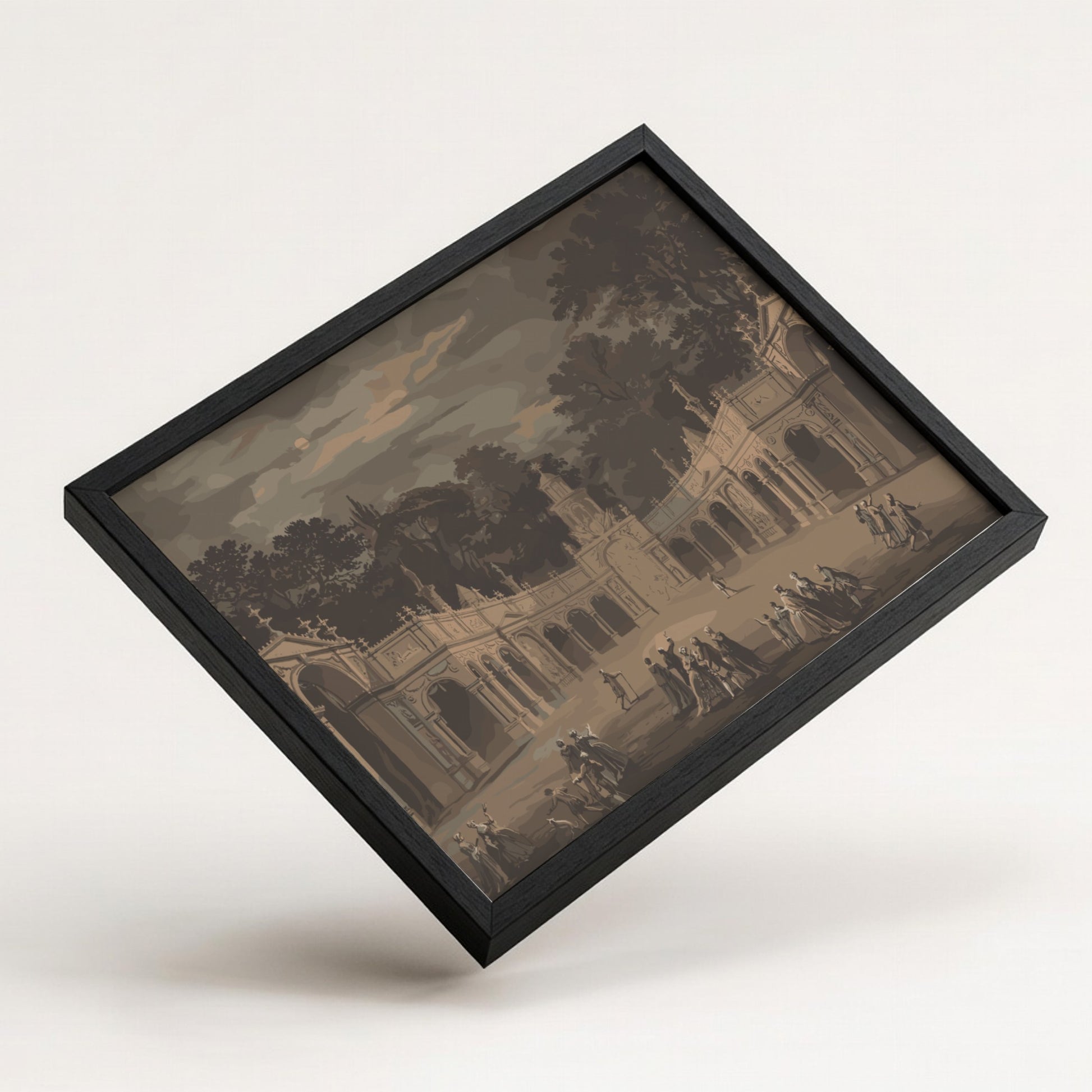Monochrome architectural drawing of a historical scene with figures in a courtyard, framed in wood.