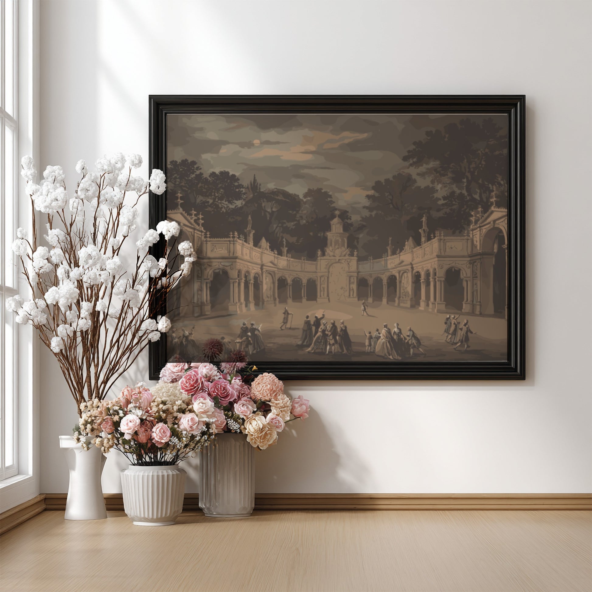 Monochrome architectural drawing of a historical scene with figures in a courtyard, framed in wood.