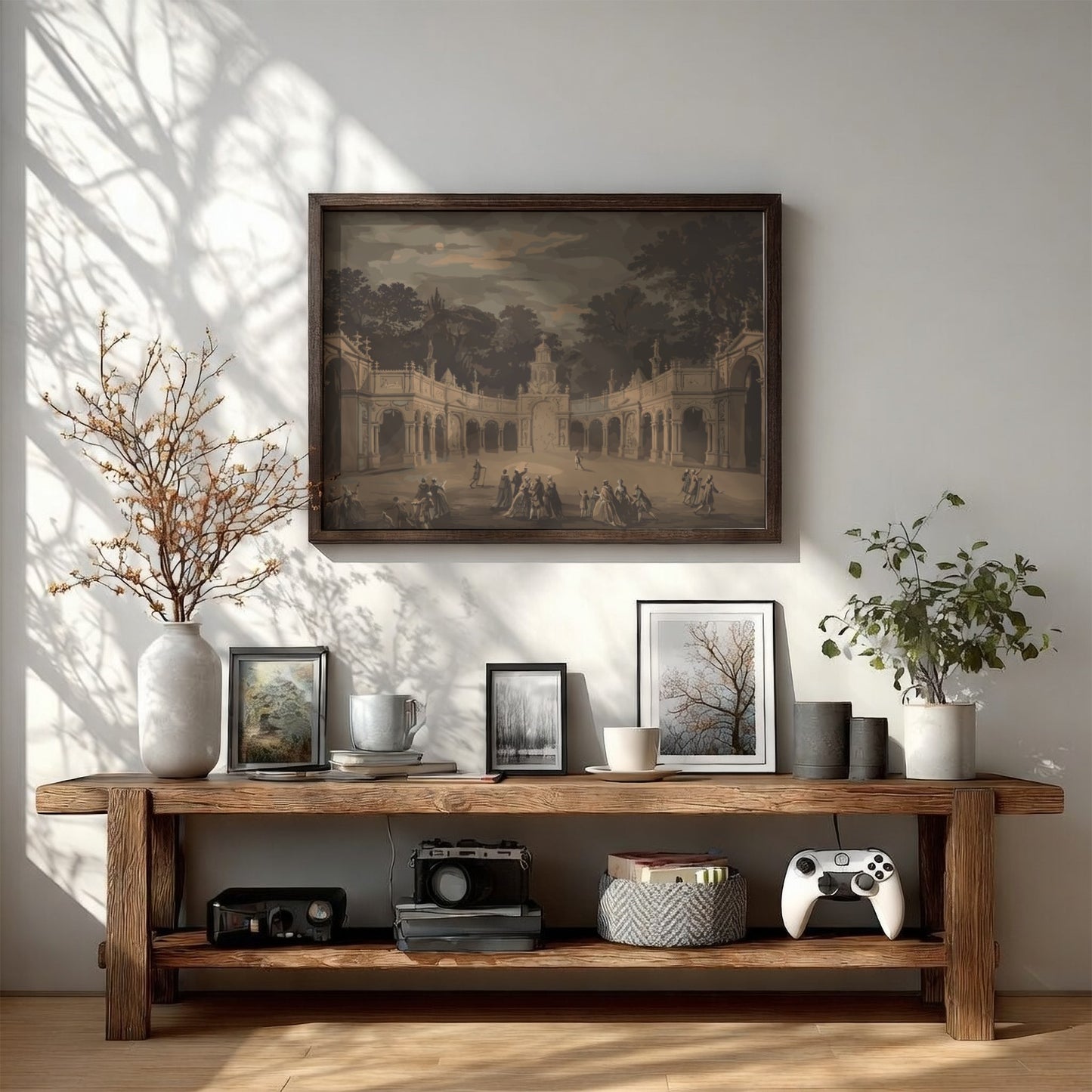 Monochrome architectural drawing of a historical scene with figures in a courtyard, framed in wood.