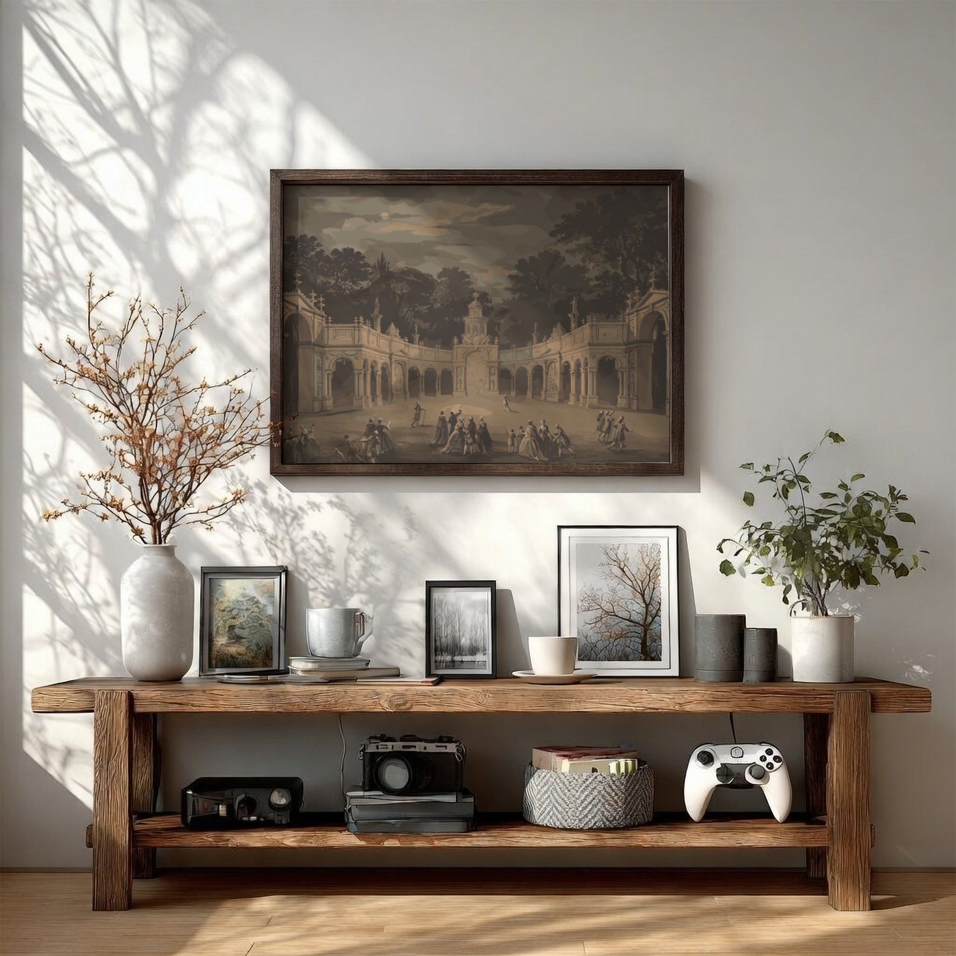 Monochrome architectural drawing of a historical scene with figures in a courtyard, framed in wood.