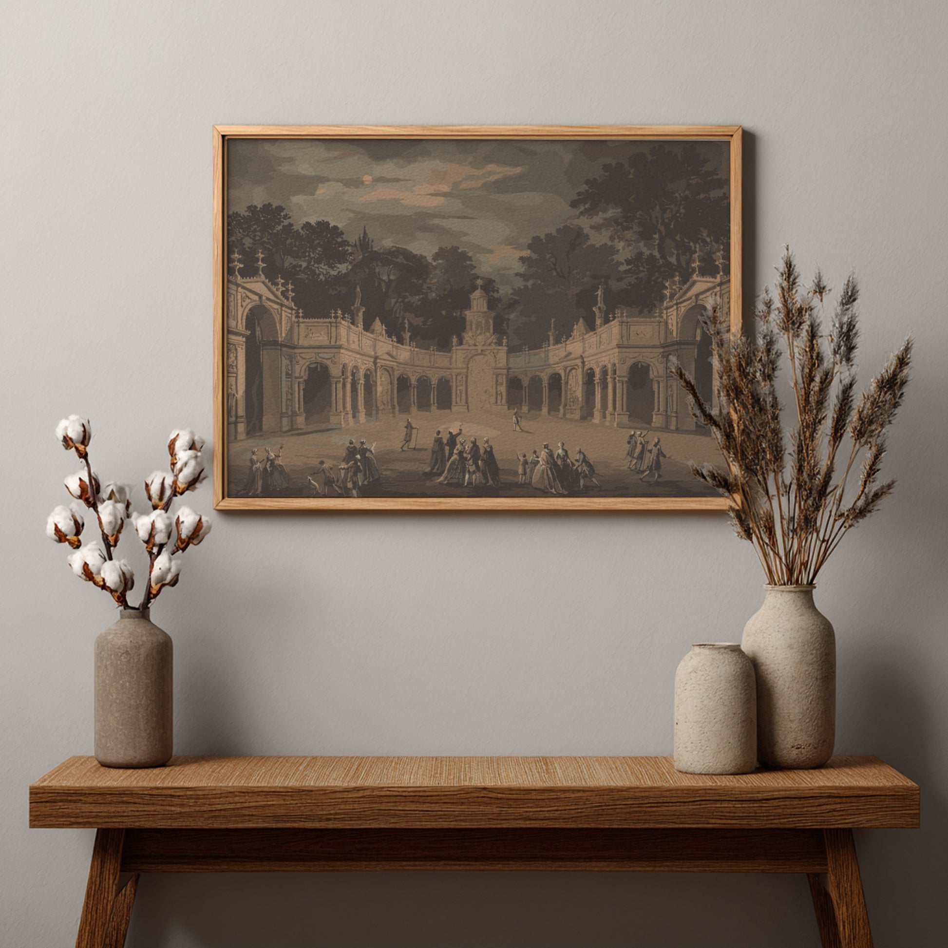 Monochrome architectural drawing of a historical scene with figures in a courtyard, framed in wood.