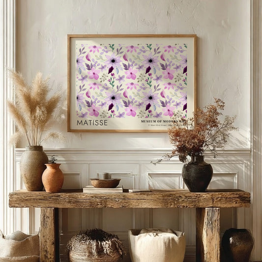 A Field of Wild Summer Flowers poster featuring soft purples and greens in a floral design, perfect for wall
