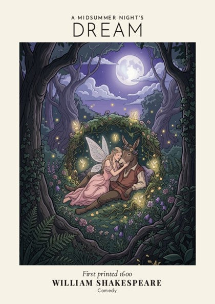 Poster featuring A Midsummer Night's Dream title with a fairy and donkey in forest.