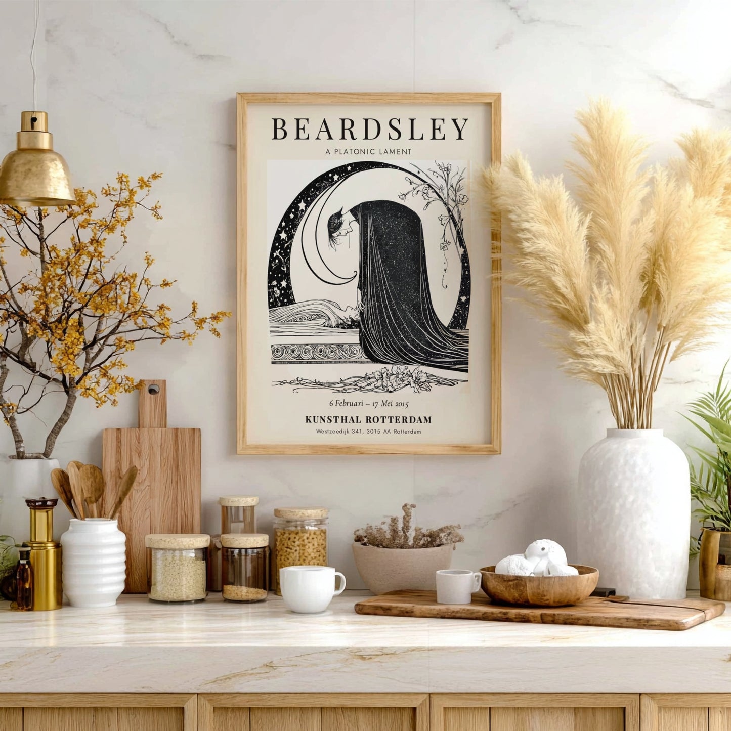Aubrey Beardsley poster featuring A Platonic Lament in black and white, showcasing intricate details and