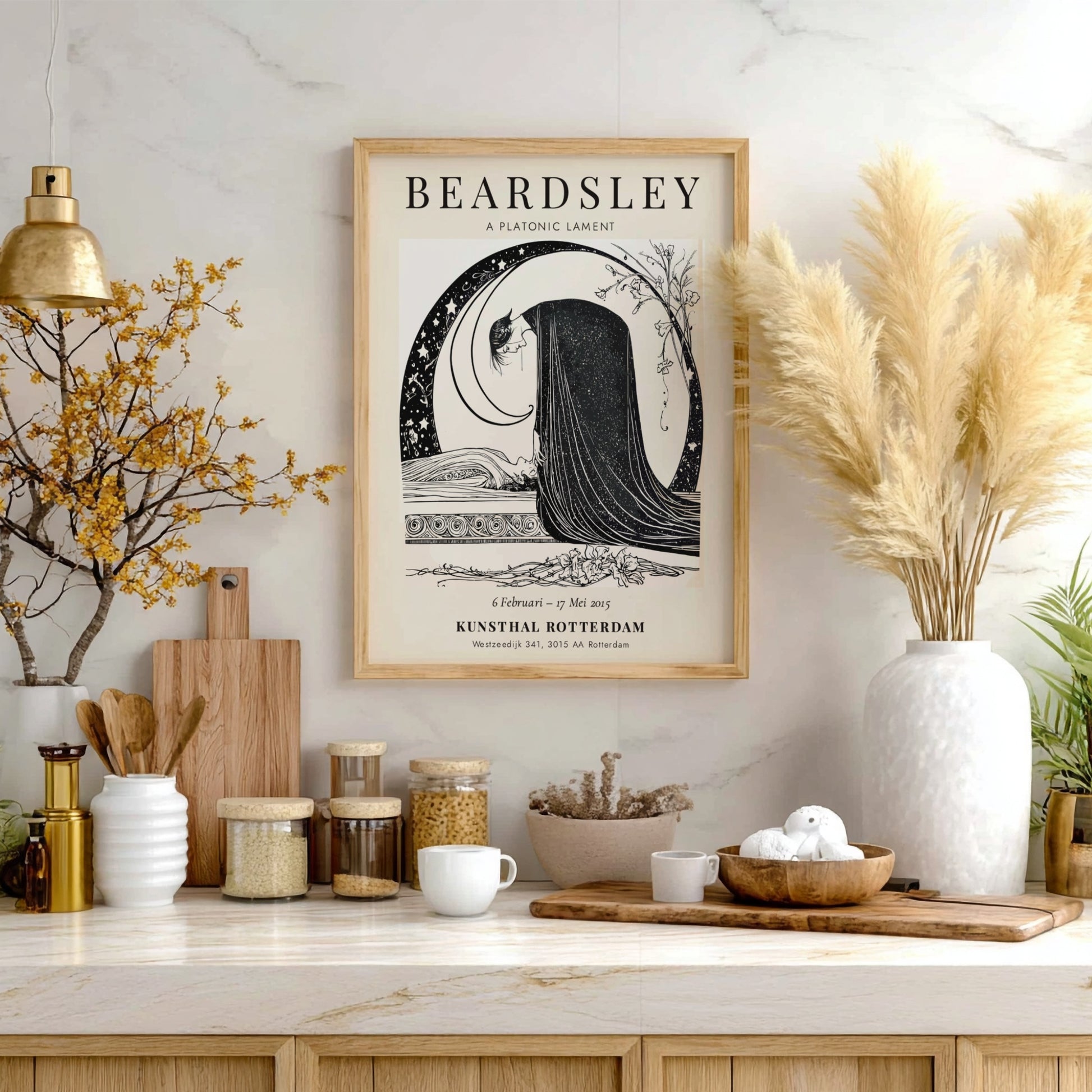 Aubrey Beardsley poster featuring A Platonic Lament in black and white, showcasing intricate details and