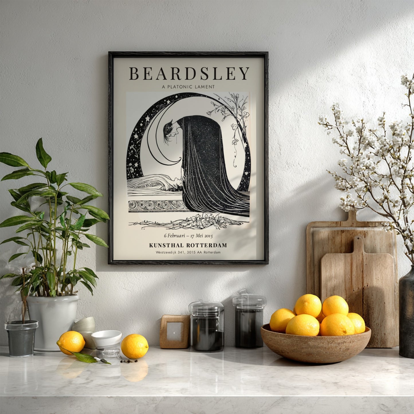 Aubrey Beardsley poster featuring A Platonic Lament in black and white, showcasing intricate details and