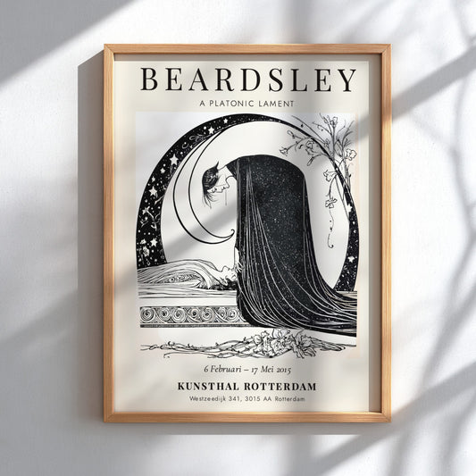 Aubrey Beardsley poster featuring A Platonic Lament in black and white, showcasing intricate details and