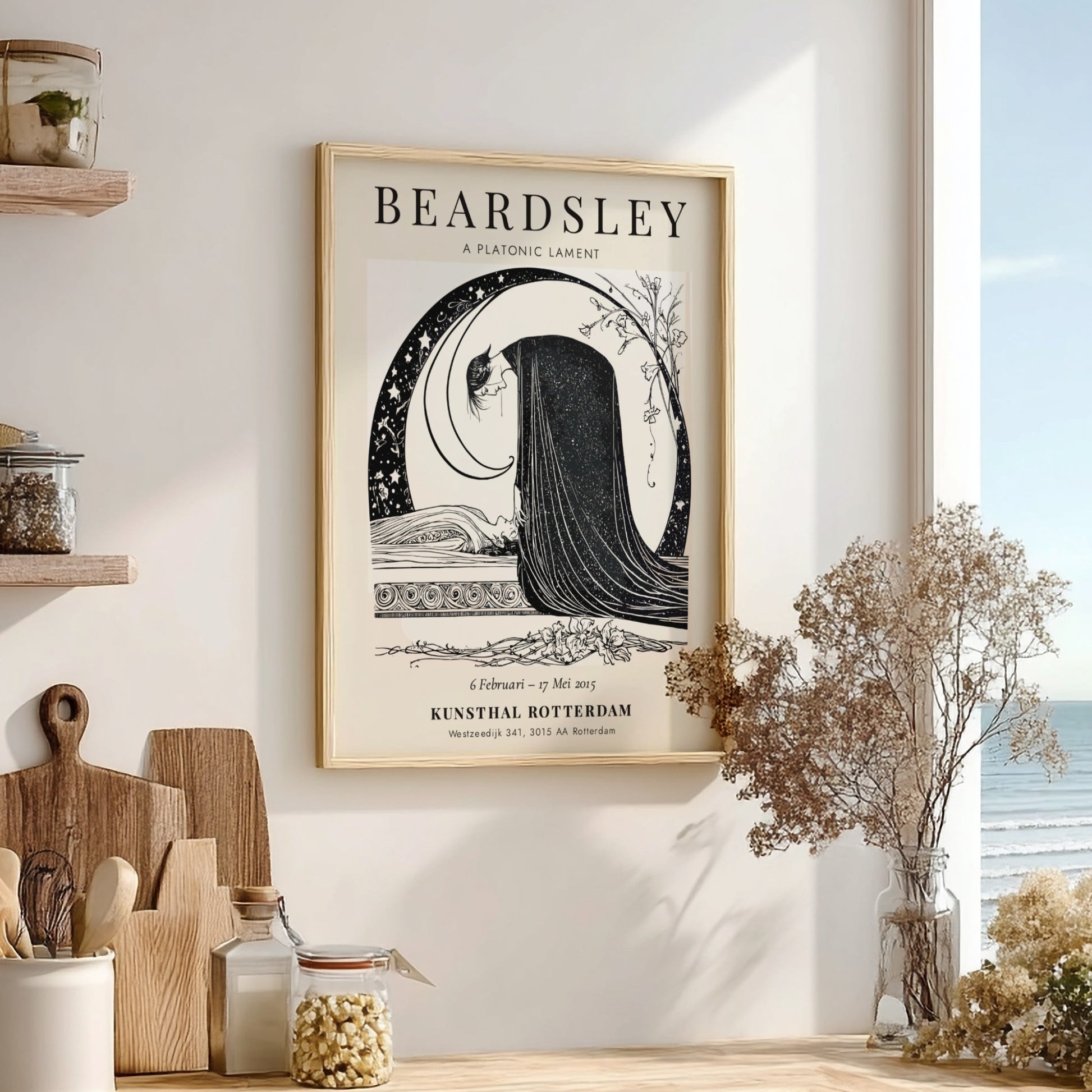 Aubrey Beardsley poster featuring A Platonic Lament in black and white, showcasing intricate details and