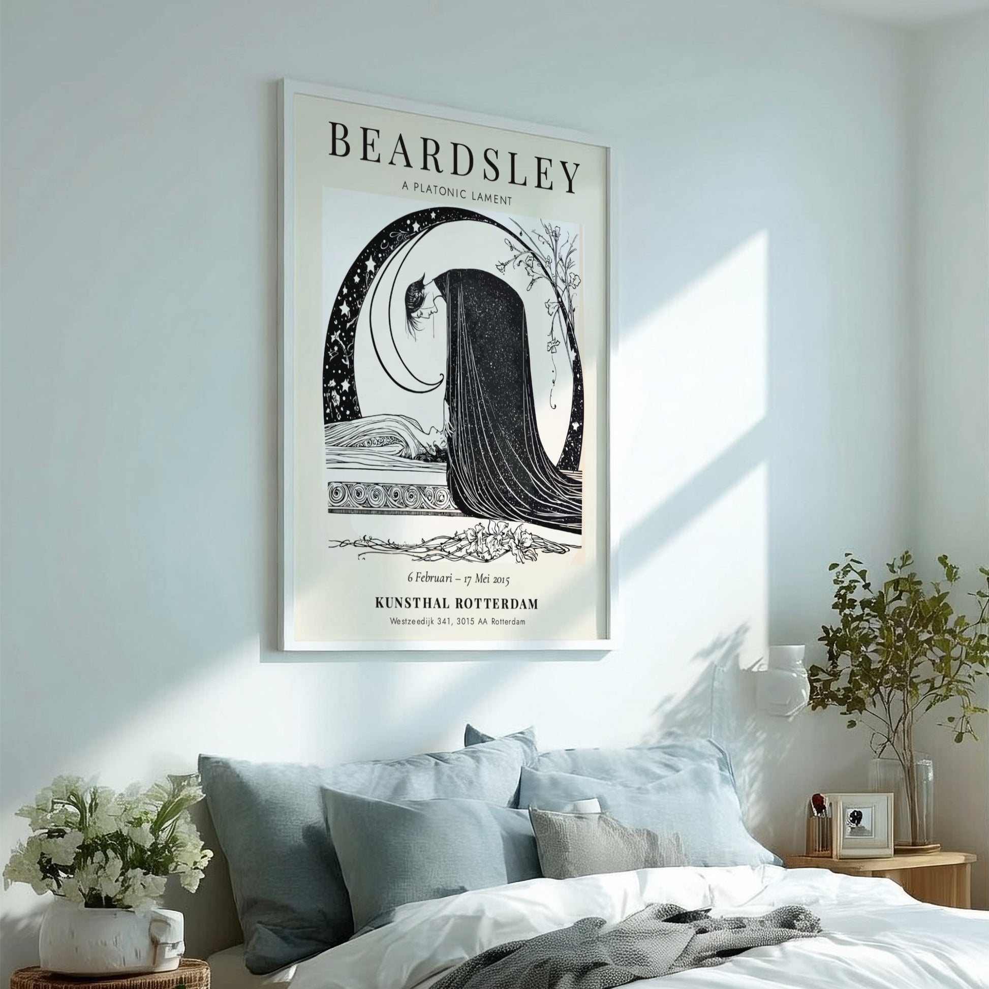 Aubrey Beardsley poster featuring A Platonic Lament in black and white, showcasing intricate details and