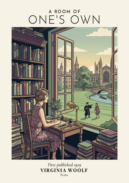 Poster featuring a woman writing in a library with a view of a campus