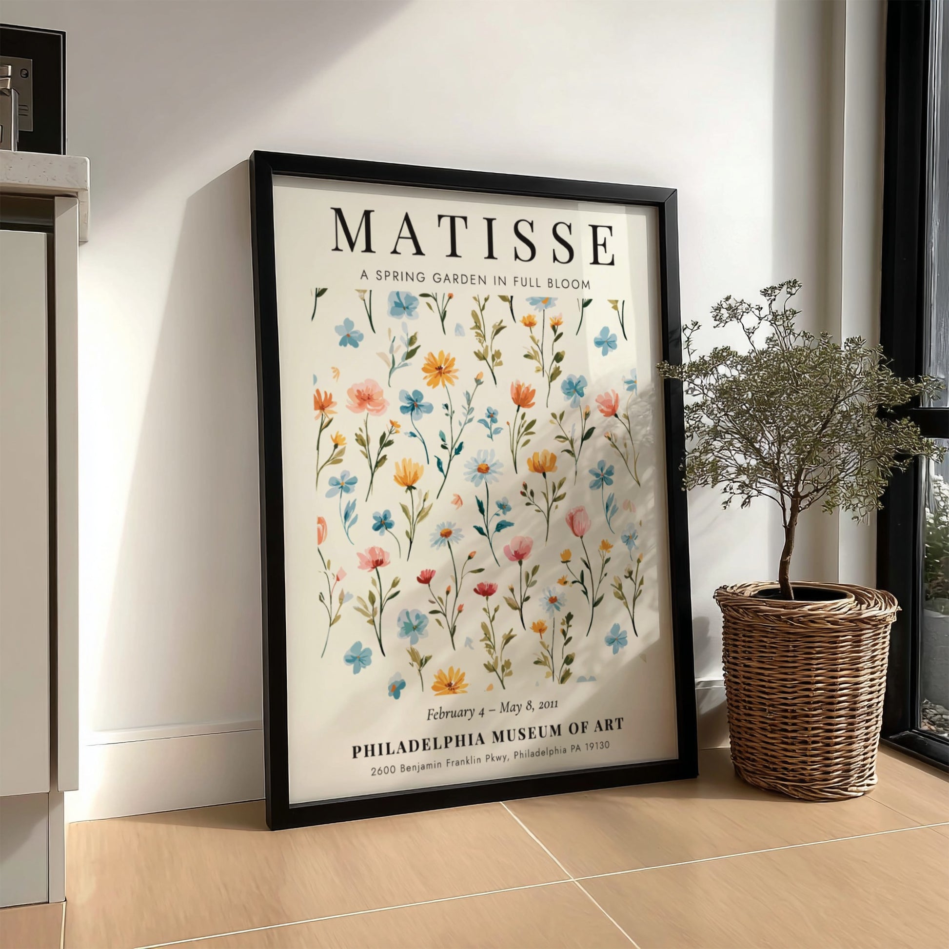 Spring garden poster featuring colorful flowers in pastel hues, inspired by Henri Matisse, perfect for home