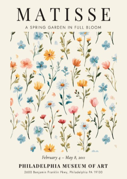 Spring garden poster featuring colorful flowers in pastel hues, inspired by Henri Matisse, perfect for home