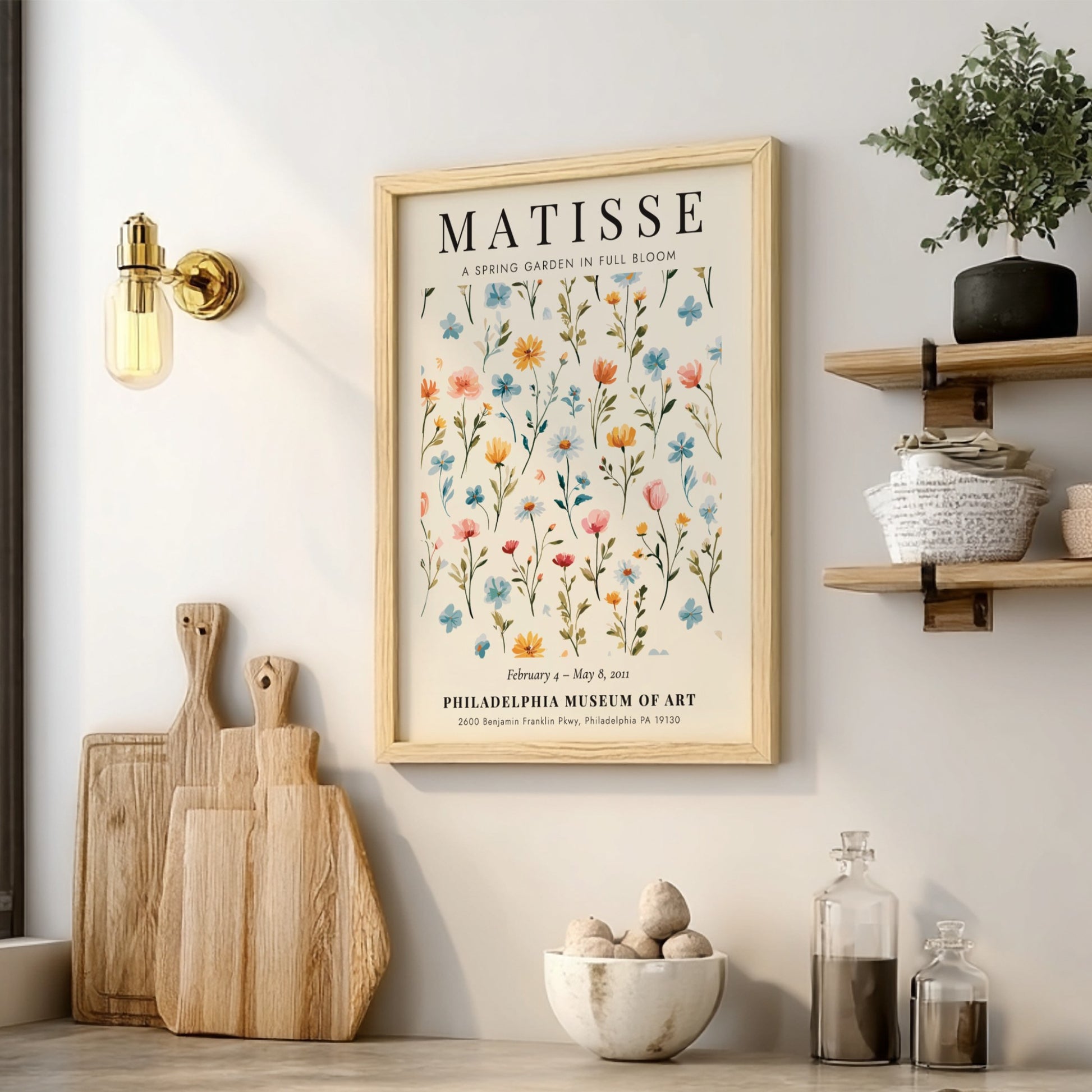 Spring garden poster featuring colorful flowers in pastel hues, inspired by Henri Matisse, perfect for home