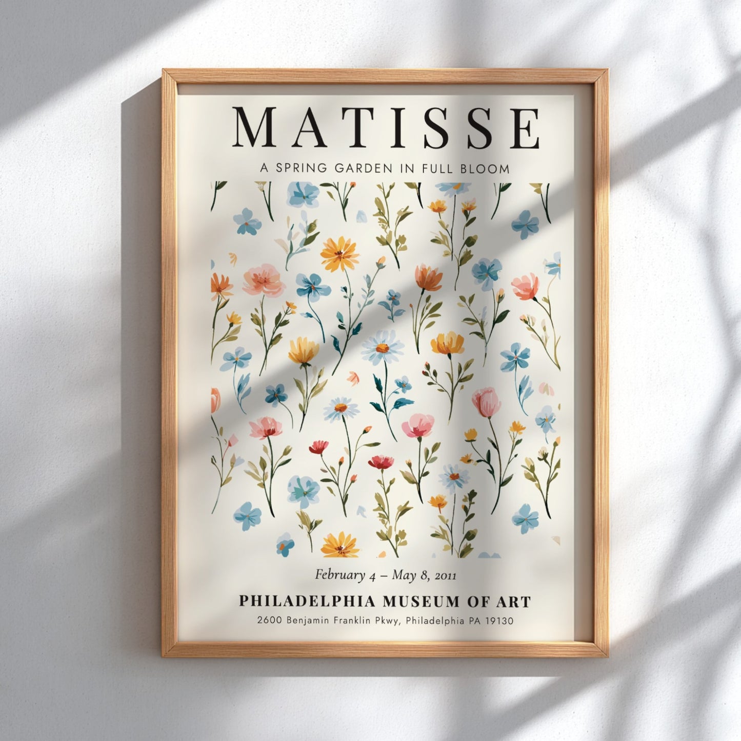 Spring garden poster featuring colorful flowers in pastel hues, inspired by Henri Matisse, perfect for home