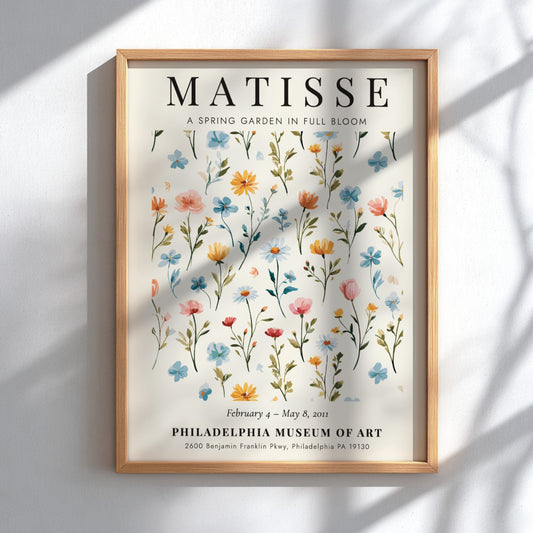 Spring garden poster featuring colorful flowers in pastel hues, inspired by Henri Matisse, perfect for home