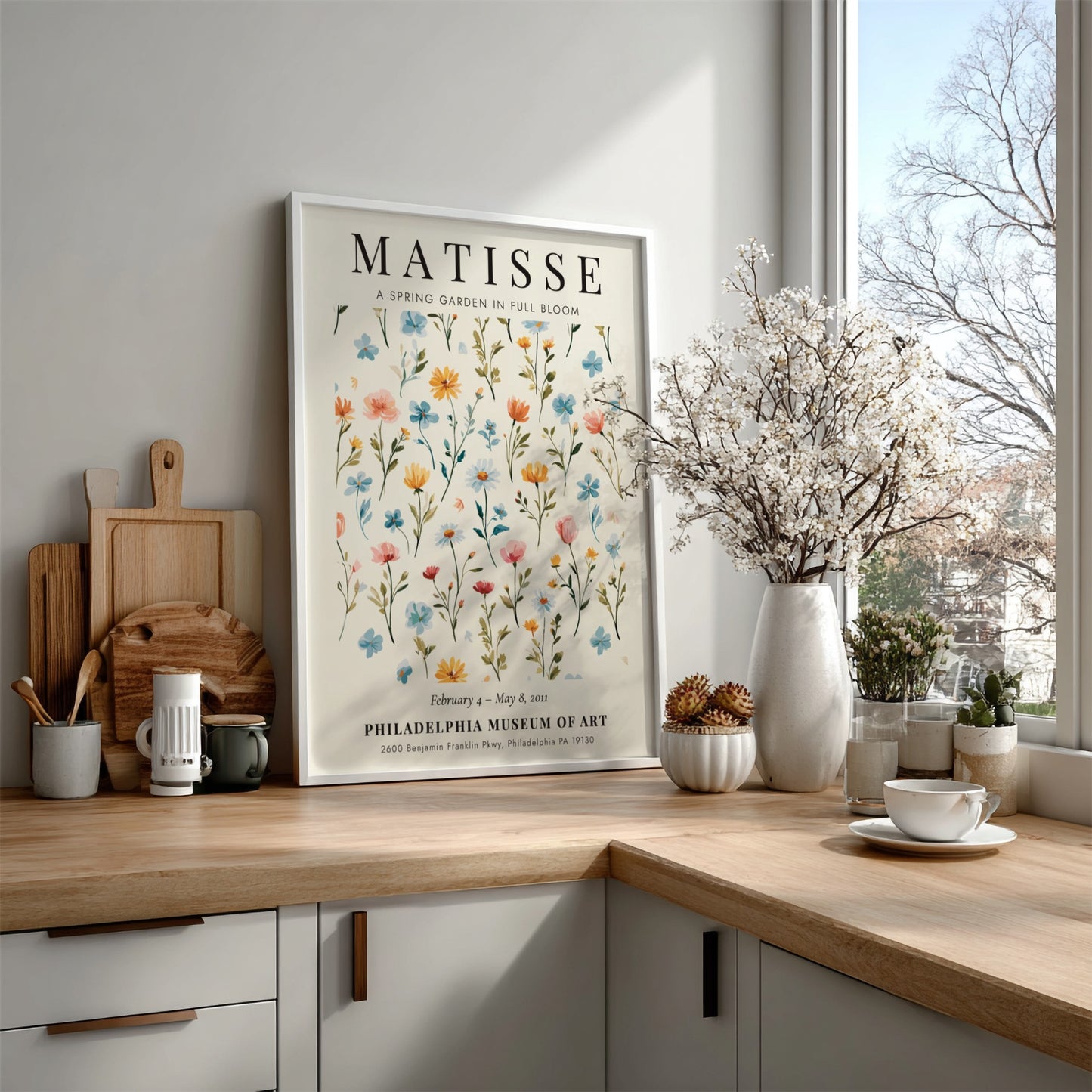 Spring garden poster featuring colorful flowers in pastel hues, inspired by Henri Matisse, perfect for home