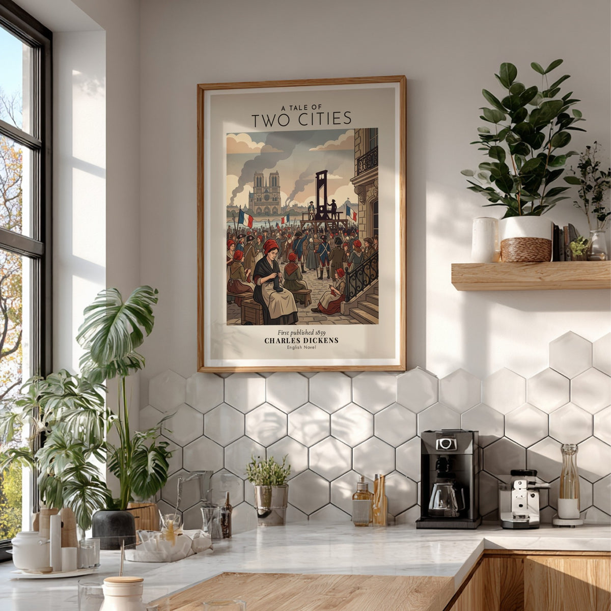 A Tale of Two Cities poster featuring the guillotine and Notre-Dame in muted tones.