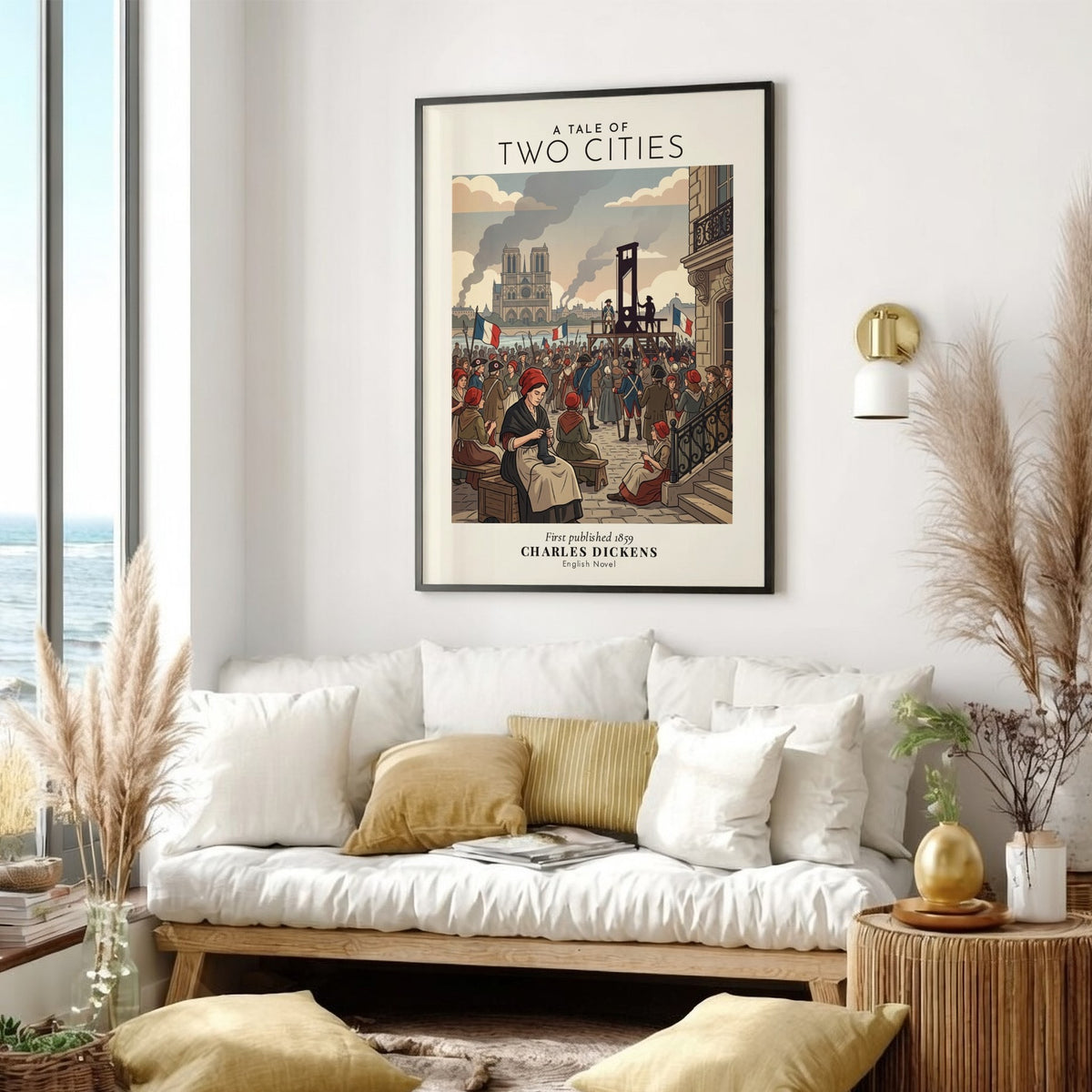 A Tale of Two Cities poster featuring the guillotine and Notre-Dame in muted tones.