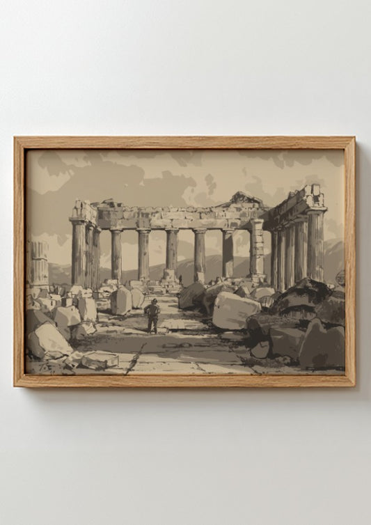 Sepia drawing of the ruins of the Pantheon in Athens, featuring columns and scattered stones.