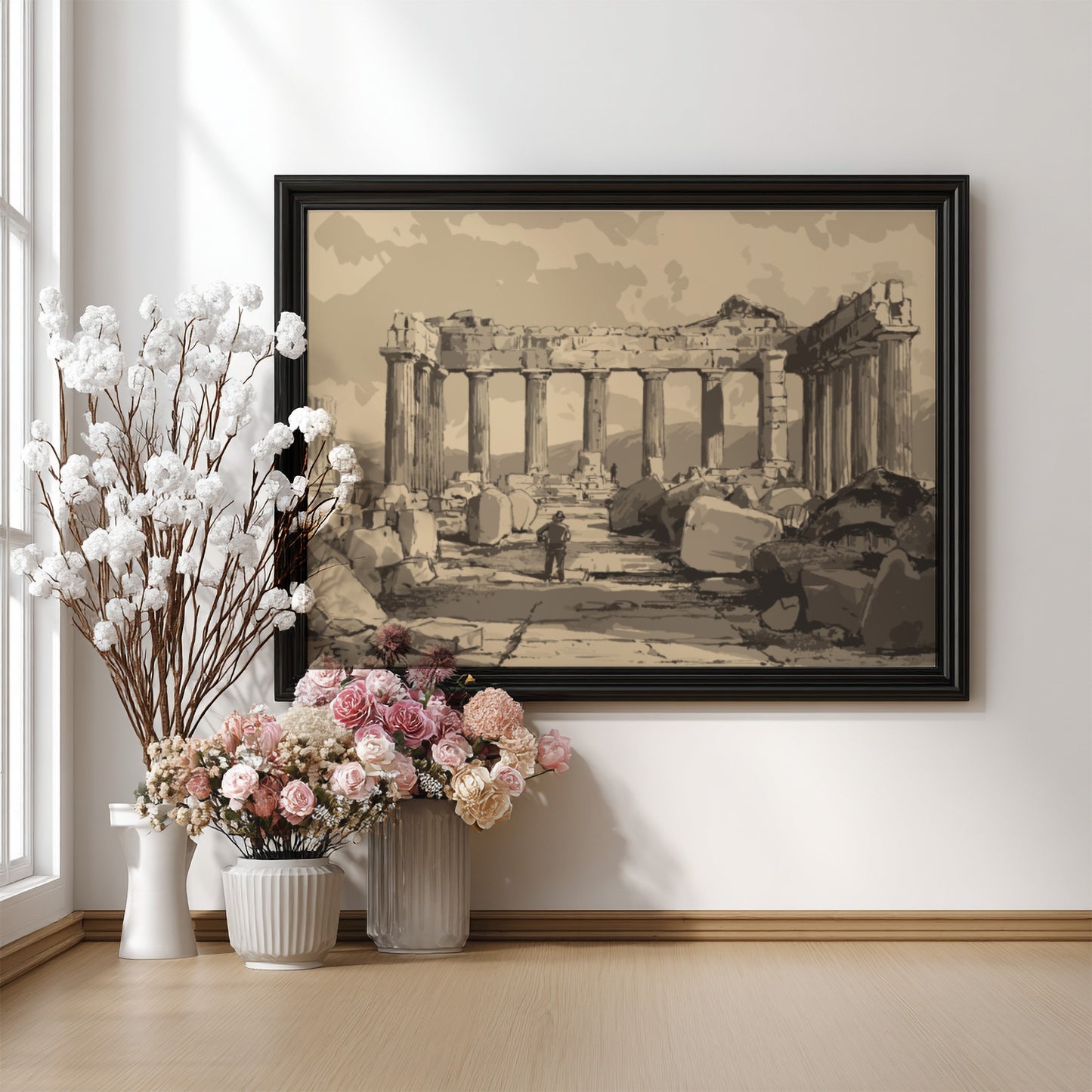 Sepia drawing of the ruins of the Pantheon in Athens, featuring columns and scattered stones.