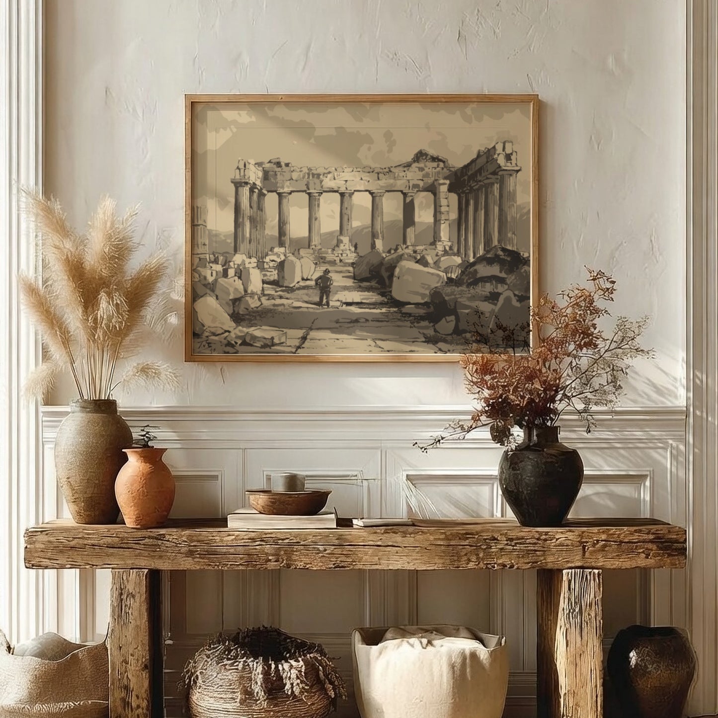 Sepia drawing of the ruins of the Pantheon in Athens, featuring columns and scattered stones.