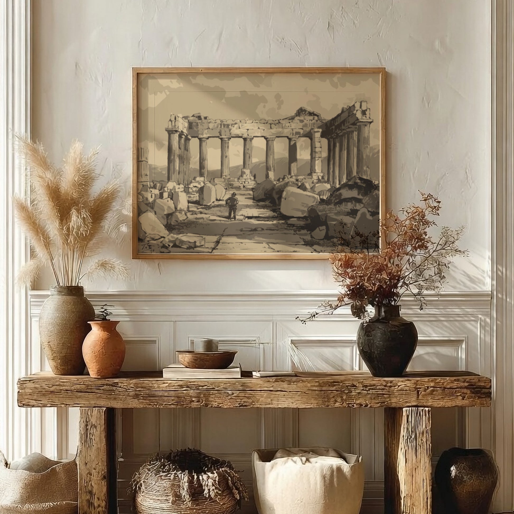 Sepia drawing of the ruins of the Pantheon in Athens, featuring columns and scattered stones.
