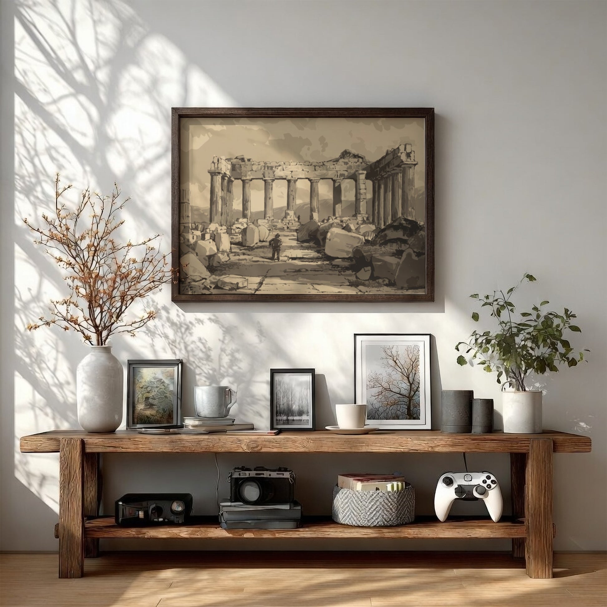 Sepia drawing of the ruins of the Pantheon in Athens, featuring columns and scattered stones.