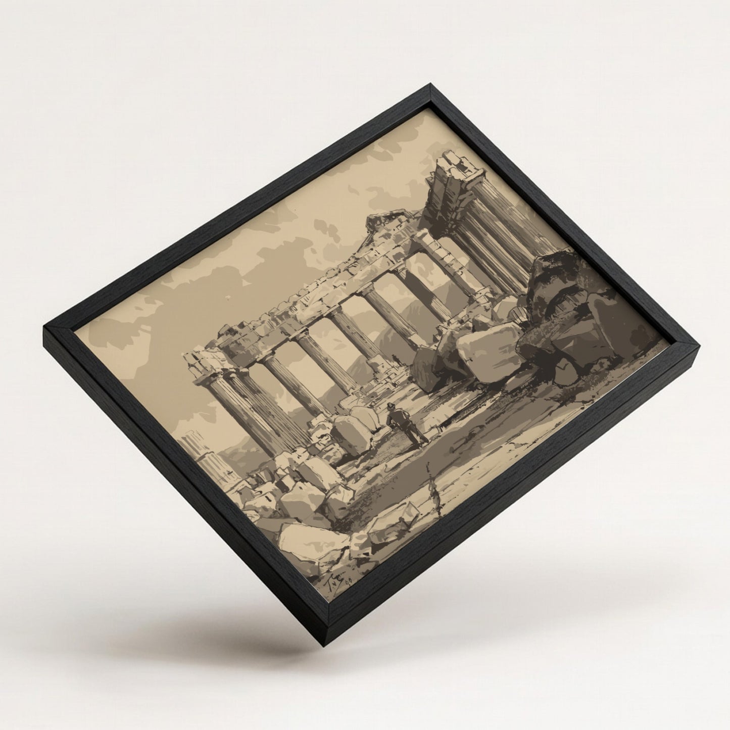 Sepia drawing of the ruins of the Pantheon in Athens, featuring columns and scattered stones.