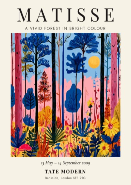 Henri Matisse vivid forest poster featuring bright colors and bold shapes, ideal for home decor and art lovers
