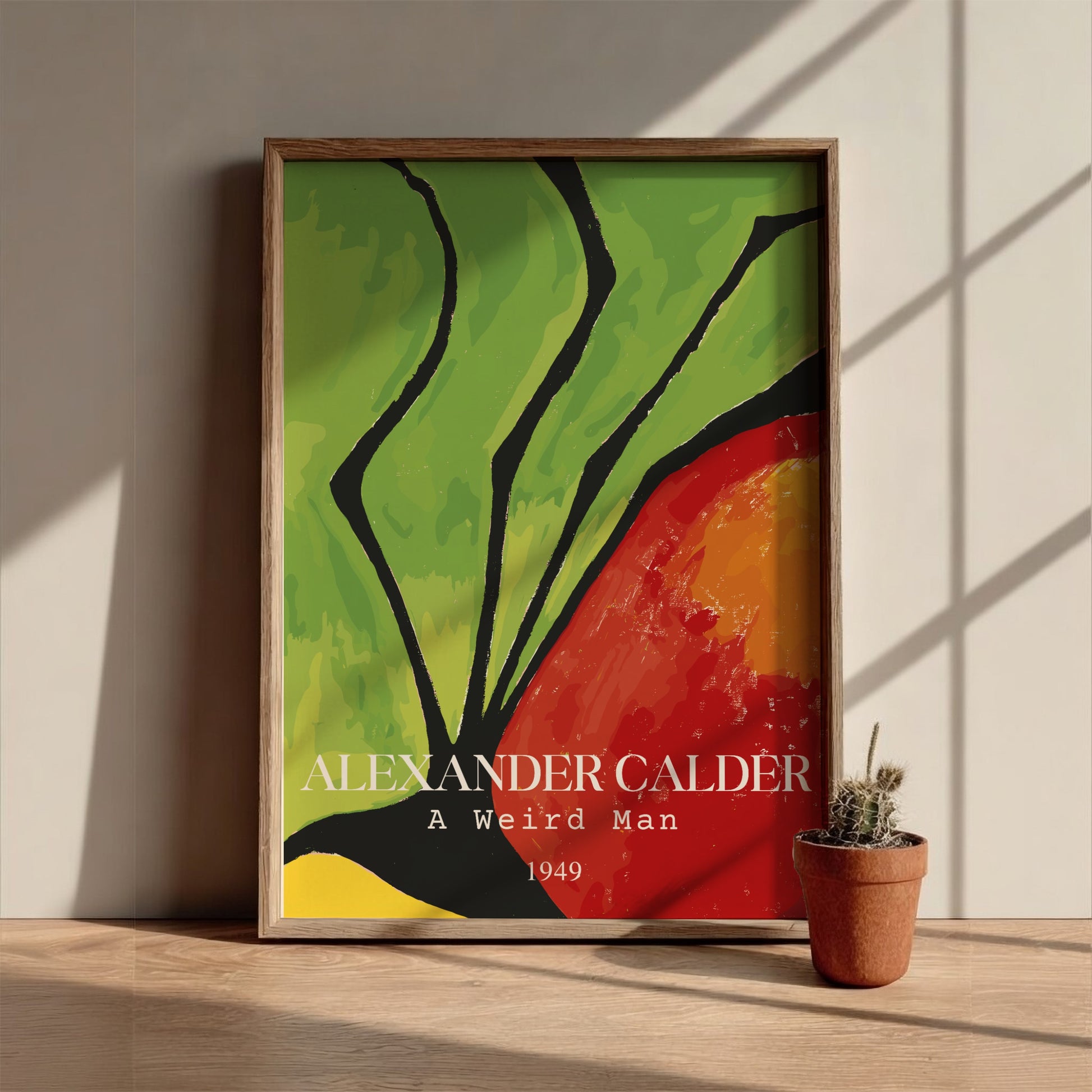 Poster of Alexander Calder's "A Weird Man" abstract drawing in green, red, and yellow.