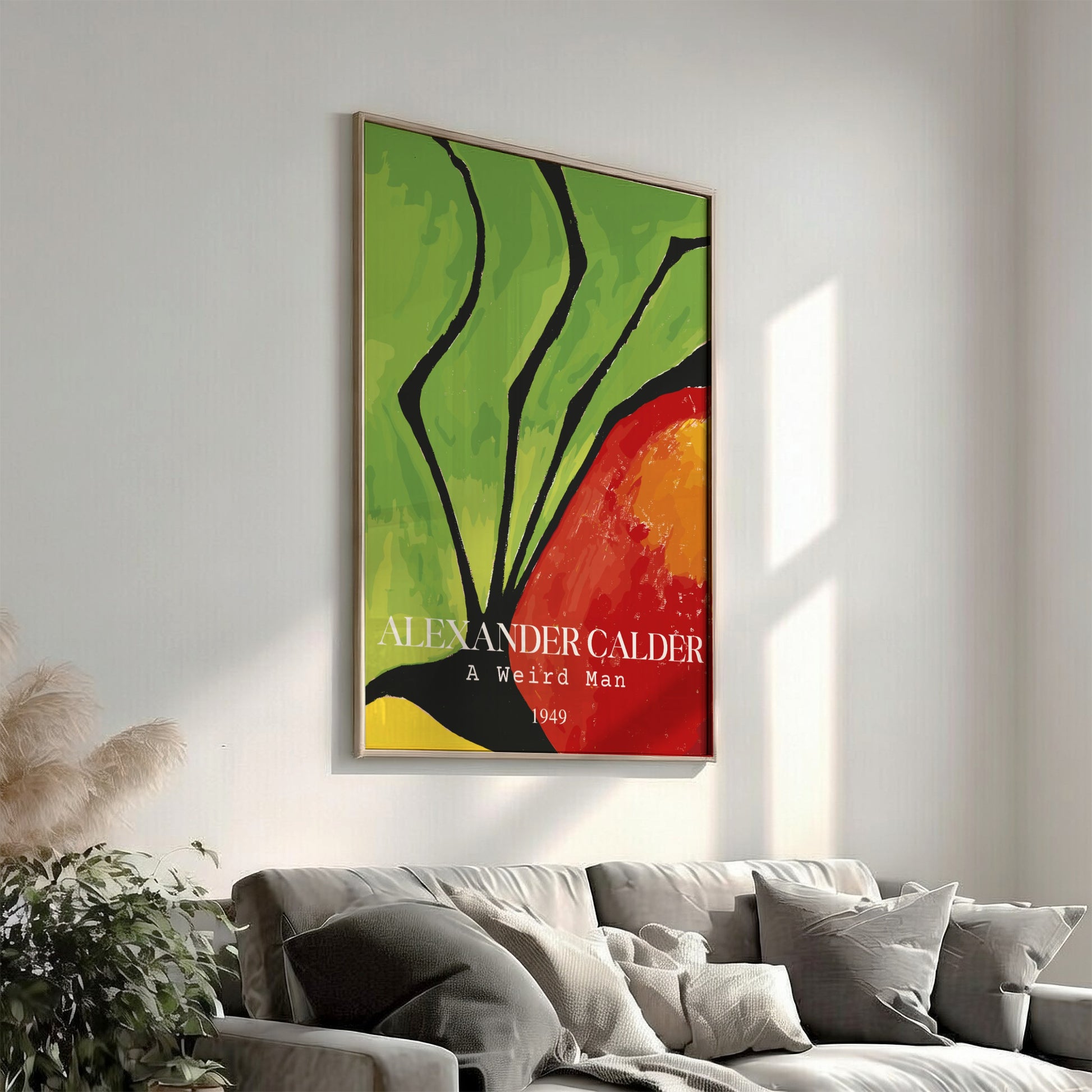 Poster of Alexander Calder's "A Weird Man" abstract drawing in green, red, and yellow.