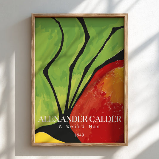 Poster of Alexander Calder's "A Weird Man" abstract drawing in green, red, and yellow.